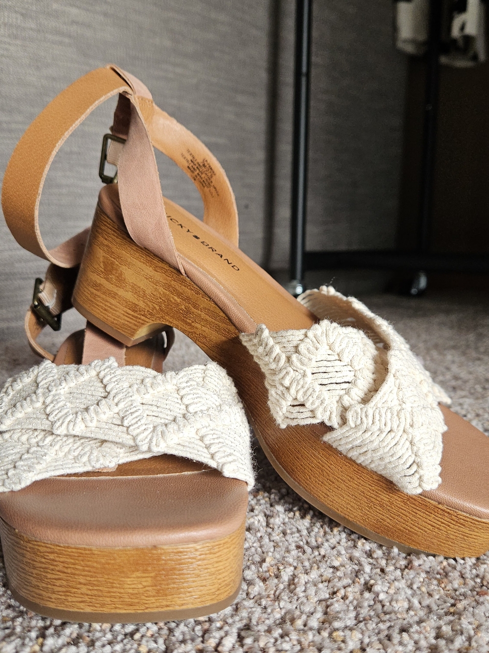 Lucky Brand Cream Macramé Platform Sandals with Tan Straps